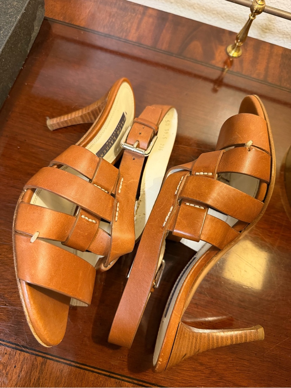 Ralph Lauren Collection Tan Cognac Woven Leather Slingback Strappy Heel Classy